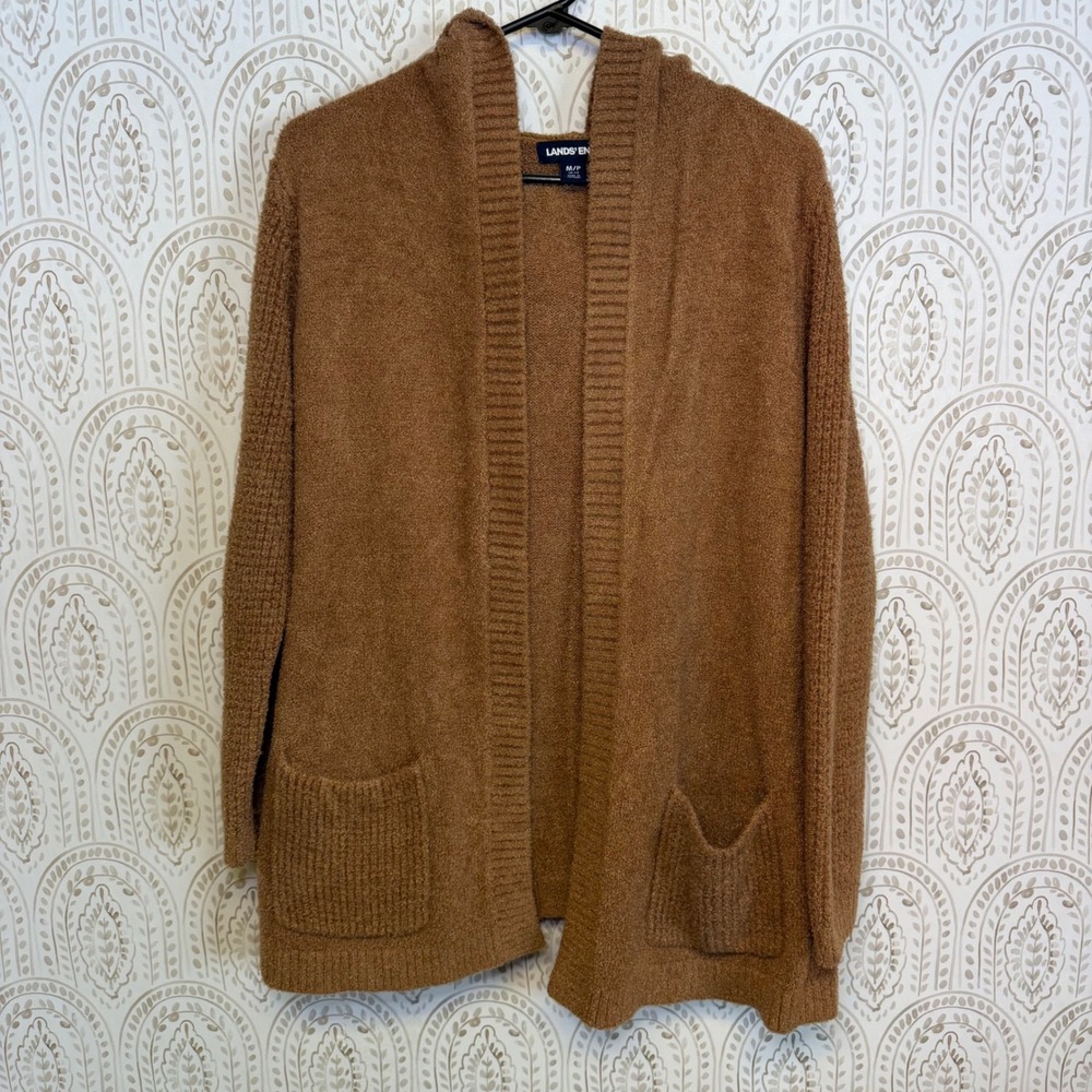 Lands End‎ Womens Brown Hooded Open Front Cardigan Sweater Petite Medium 10-12